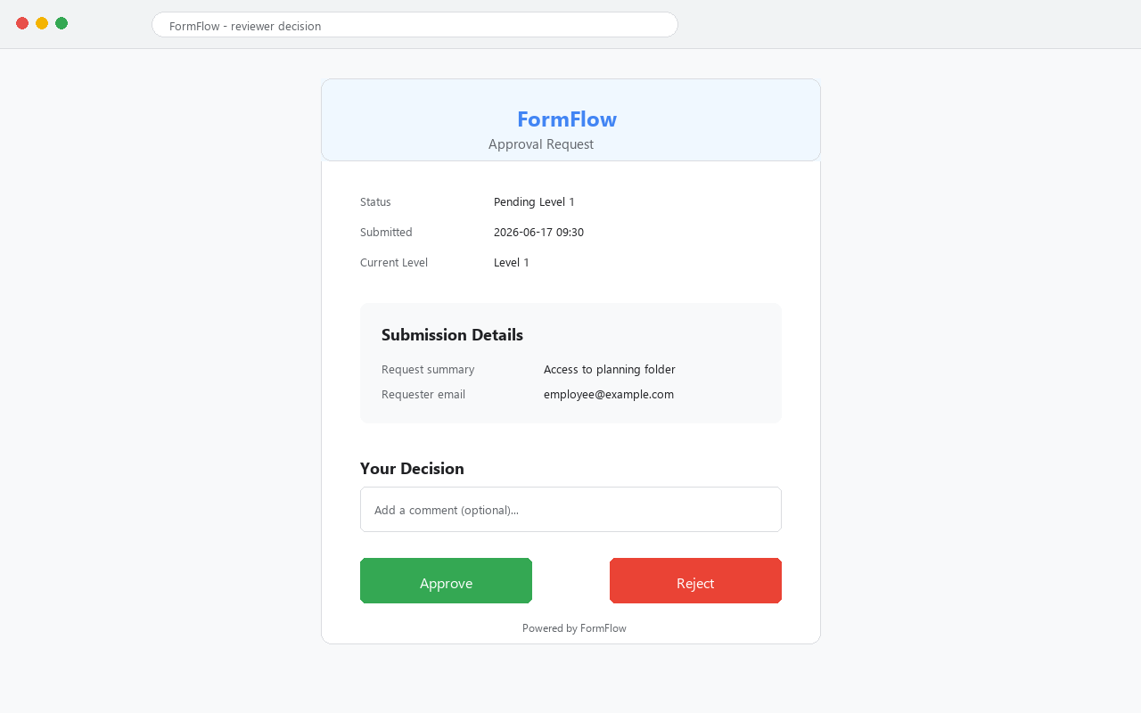Approve or reject decision page during FormFlow test