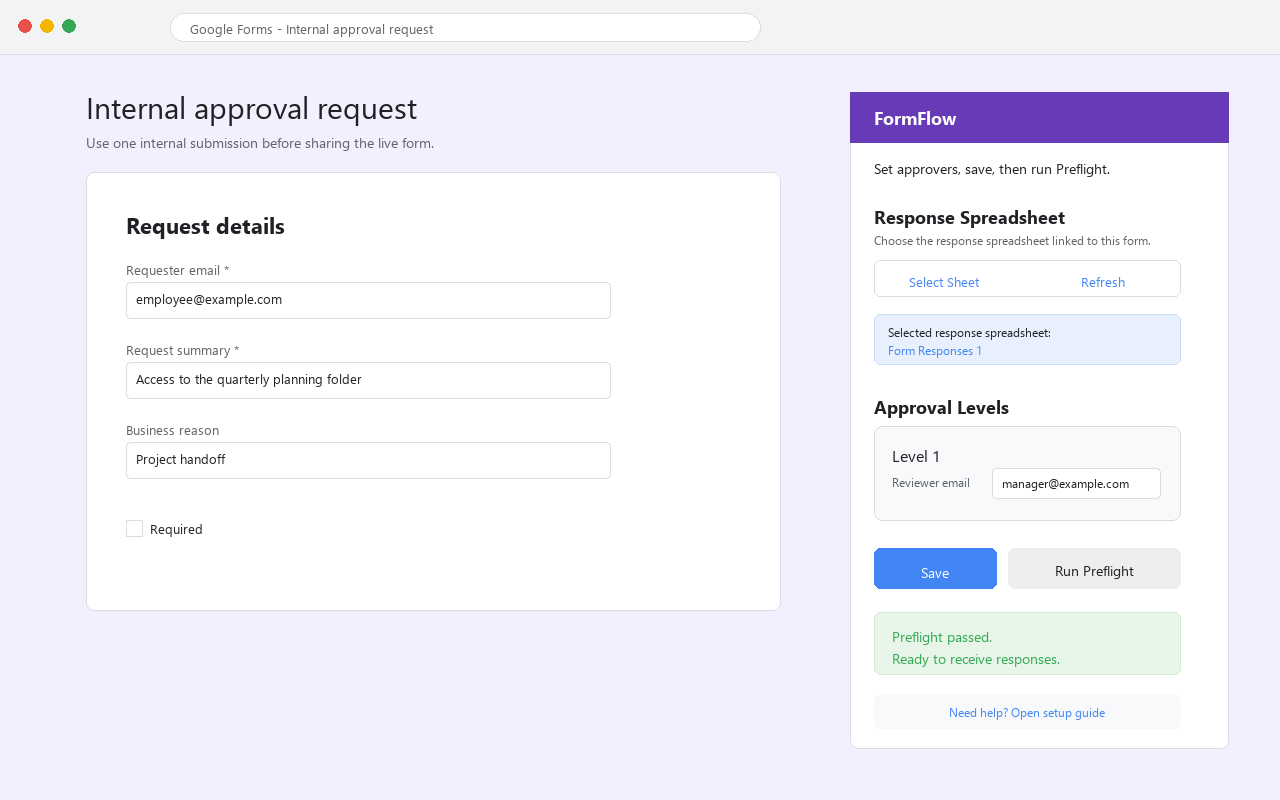 FormFlow sidebar setup before approval workflow test