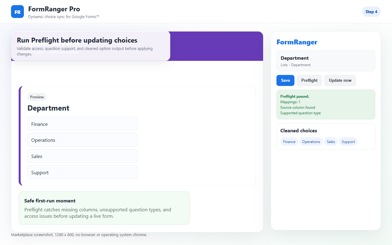 FormRanger Preflight screen for dropdown update troubleshooting