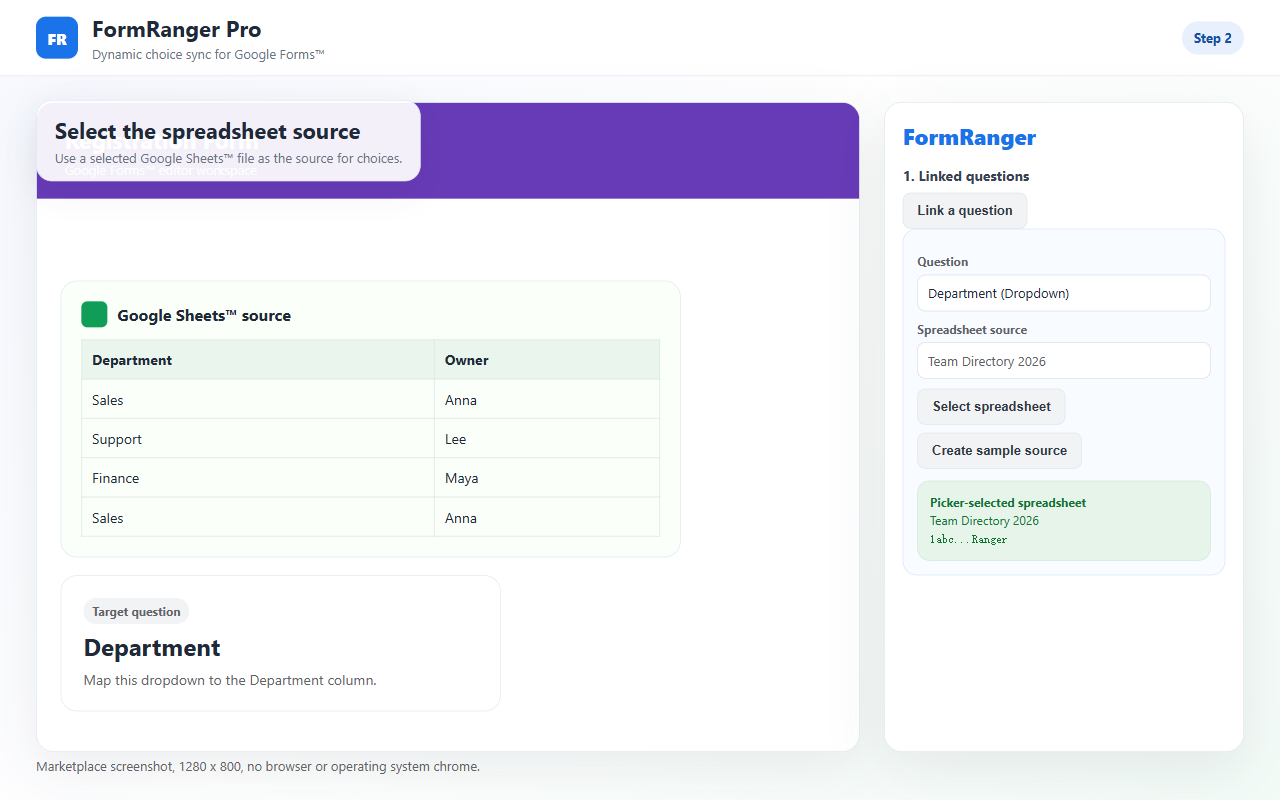 Selecting a Sheets source for a Google Forms dropdown