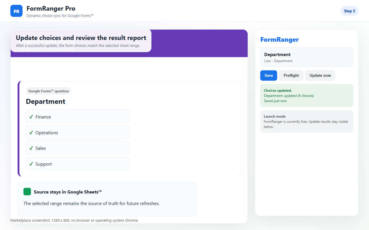 FormRanger update success screen for Google Forms dropdown